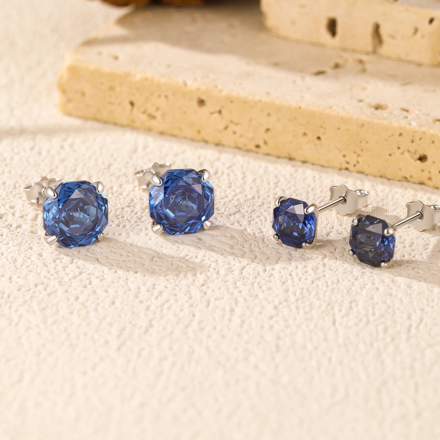 Royal Sapphire Rose Cut Octagon Studs Authentic 925 Sterling Silver