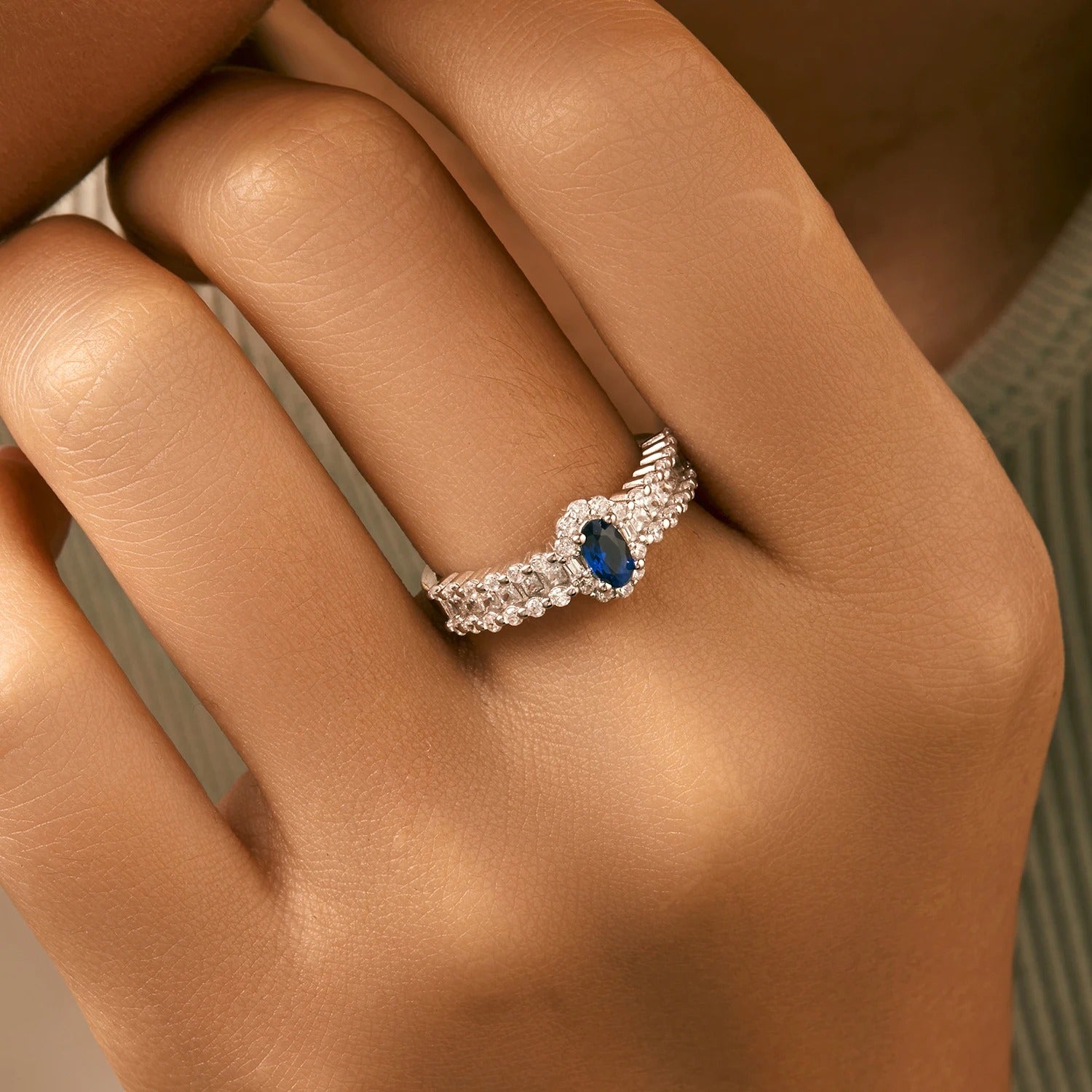 Blue Oval CZ Luxury Azure Authentic 925 Sterling Silver Band